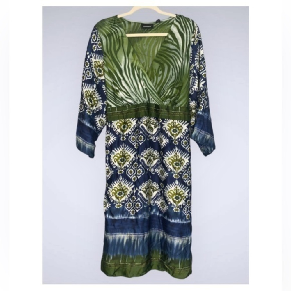 Avenue Green & Blue Floral Satin V Neck 3/4 Sleeve Tie Back Knee Length Dress 20